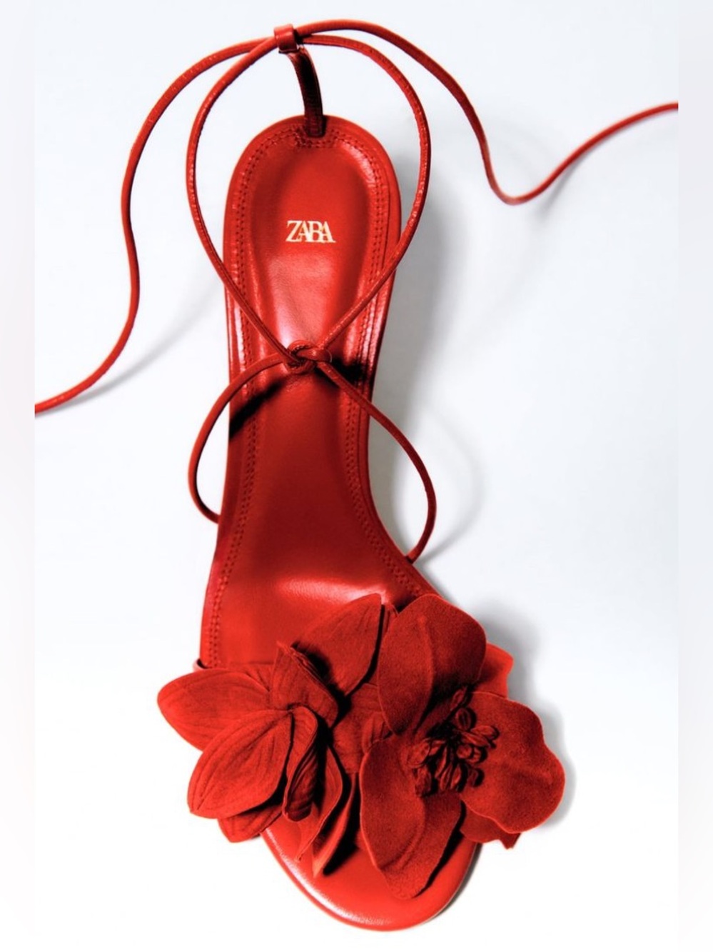 Zara Red Floral Lace-Up Mid-Height Sandals/Heels